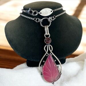 Genuine pink topaz & pink carved agate in leaf shape gemstone chain necklace